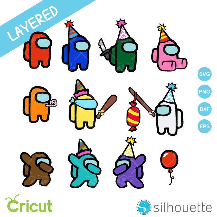 Among Us Birthday clipart bundle, SVG cutting files for cricut silhouette, instant download – svgpopstore